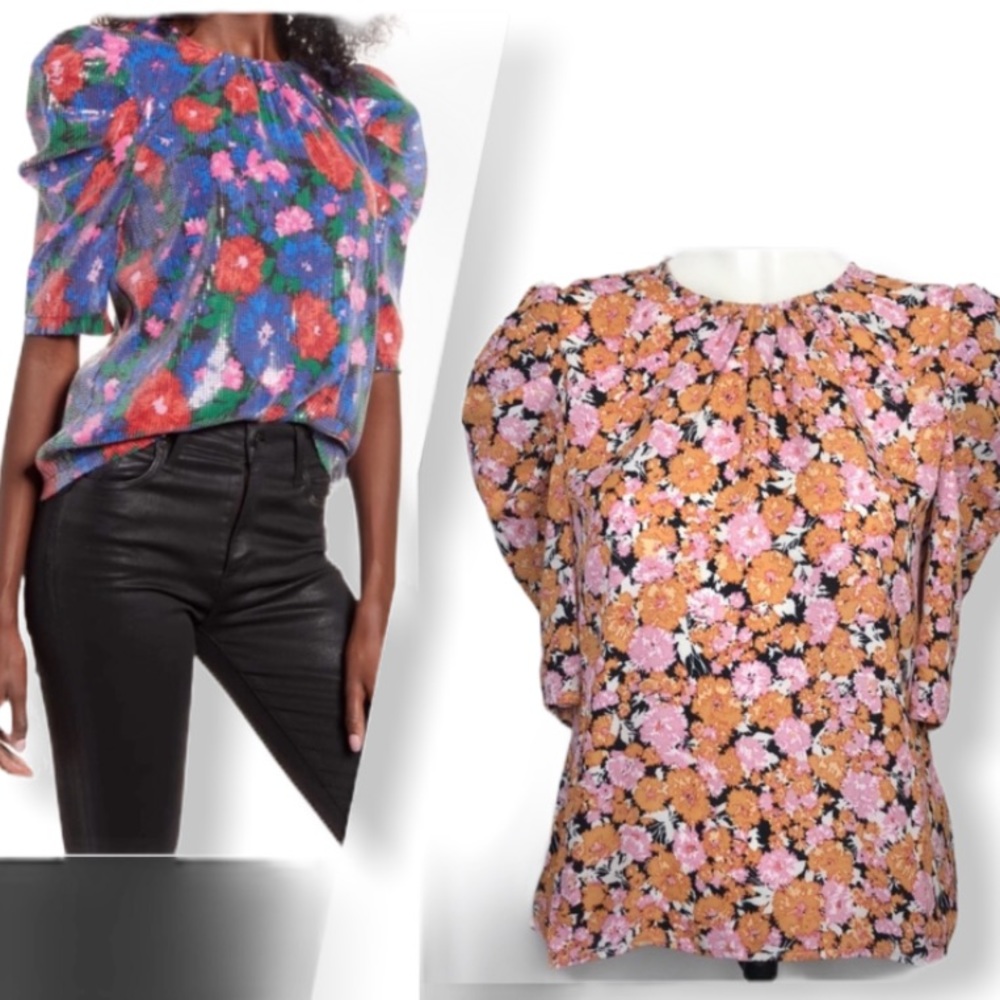 Wayf Orange Multi-Floral Patterned Print Puffed Sleeve Top Size S